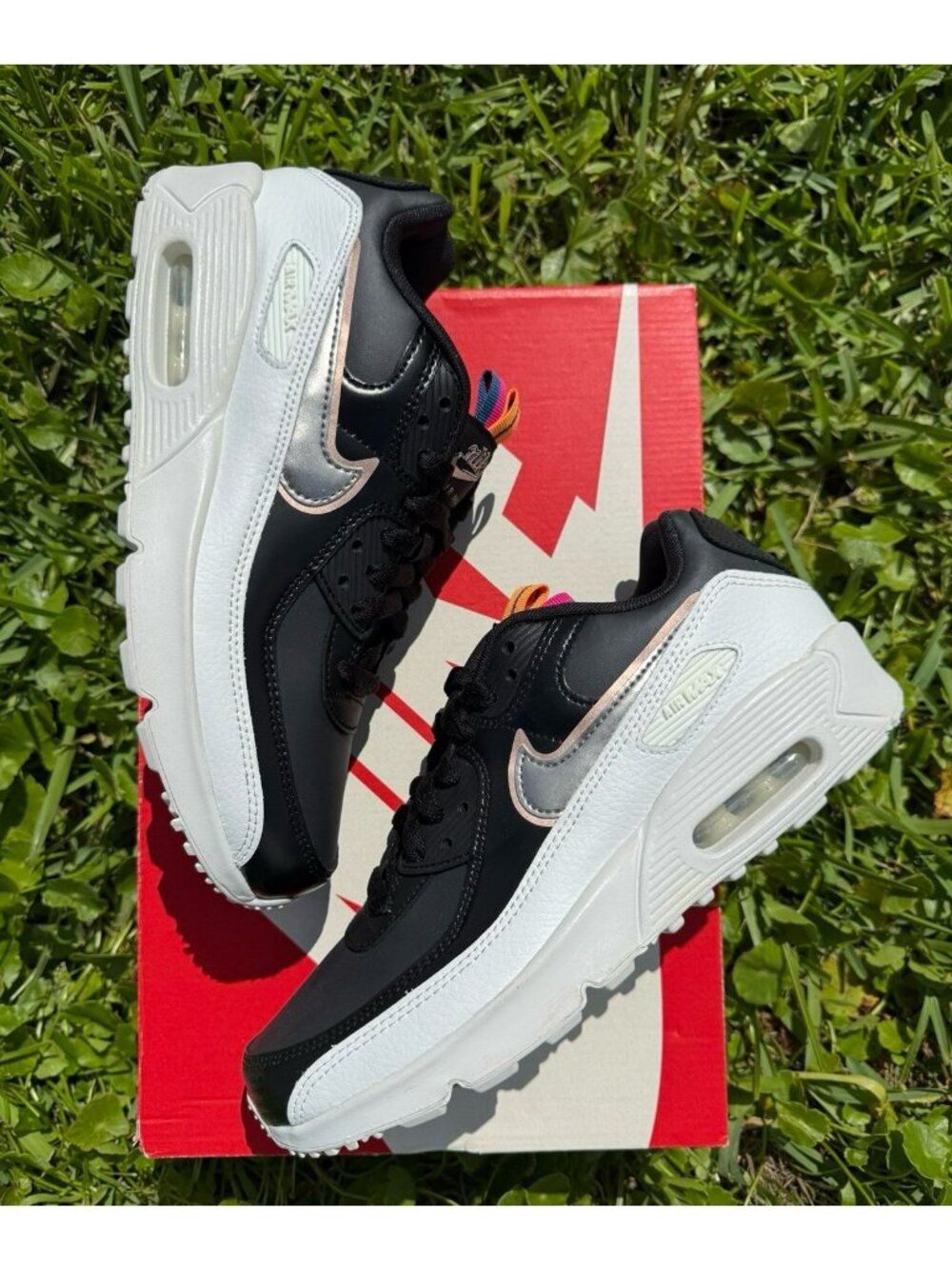 7Y | 8.5 WOMEN'S Nike Air Max 90 BLACK WHITE GOLD SNEAKERS DJ0414-001